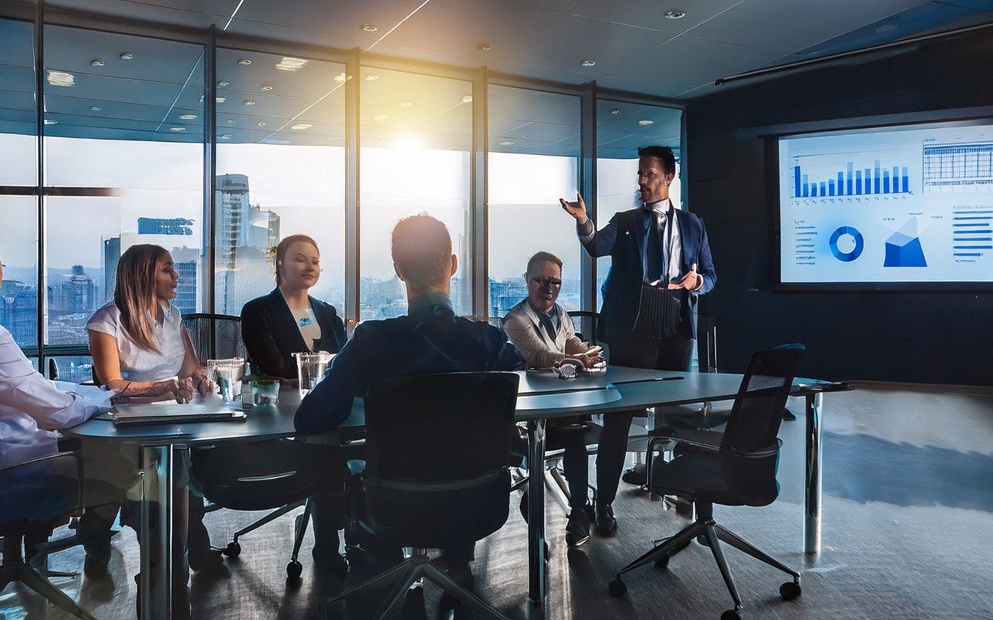 corporate board room with powerpoint
